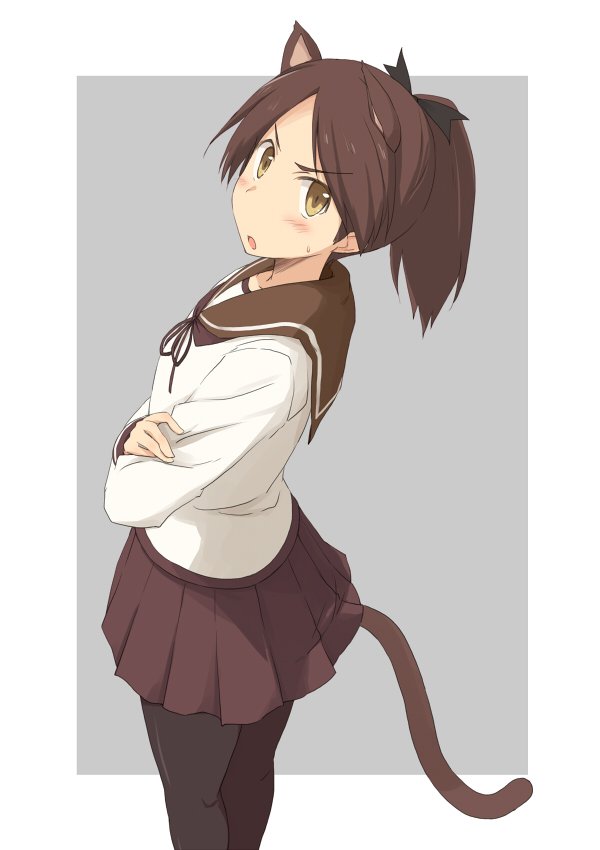 1girl adapted_costume animal_ears black_legwear brown_hair brown_sailor_collar brown_skirt cat_ears cat_tail crossed_arms grey_background kantai_collection kugui_kiyunemu looking_at_viewer pantyhose pleated_skirt ponytail sailor_collar school_uniform serafuku shikinami_(kantai_collection) short_hair skirt solo standing tail two-tone_background white_background yellow_eyes