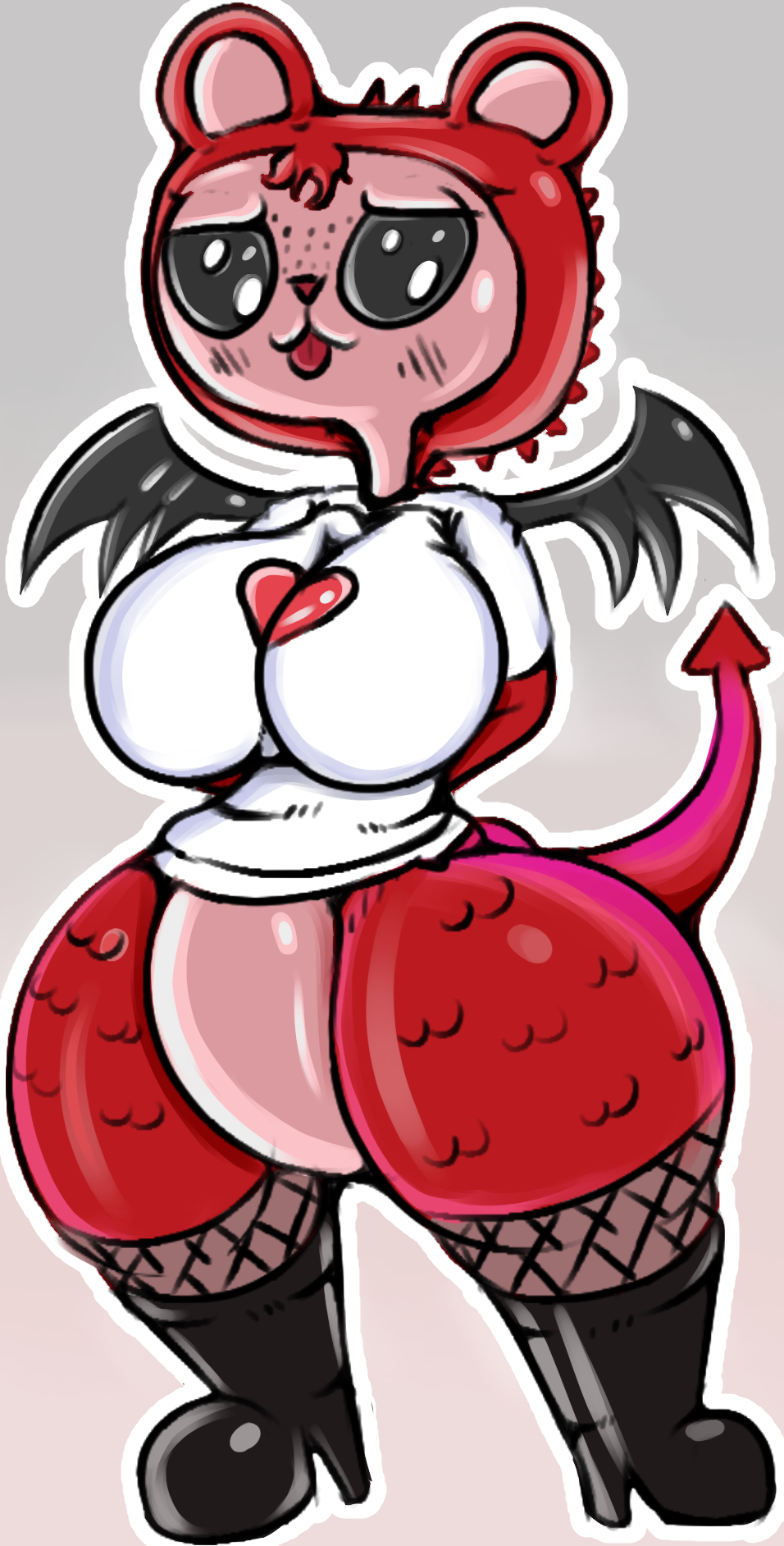 :3 big_breasts black_eyes blush breasts cartoon_network clothing female fishney_stockings footwear foster's_home_for_imaginary_friends fur high_heels imaginary_friend mabel_licorice mammal pink_skin red_fur shoes thick_thighs unknown_artist ursid wings