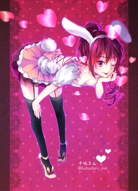 1girl ;p animal_ears backless_outfit bent_over black_legwear bow breasts bunny_ears bunny_tail cleavage collarbone fake_animal_ears free! full_body garter_straps hairband hand_on_own_knee head_rest high_heels high_ponytail long_hair matsuoka_gou miniskirt momoko_(momoko14) one_eye_closed pink_bow red_background red_eyes red_hair see-through skirt small_breasts solo standing tail thighhighs tongue tongue_out twitter_username white_hairband