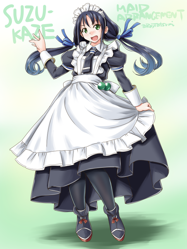 1girl adapted_costume alternate_costume apron black_dress black_legwear black_neckwear blue_hair character_name commentary_request dress enmaided frilled_apron frills full_body green_eyes kantai_collection long_hair looking_at_viewer low_twintails maid maid_headdress necktie open_mouth pantyhose ribbon smile solo standing suzukaze_(kantai_collection) tatsumi_ray twintails white_apron