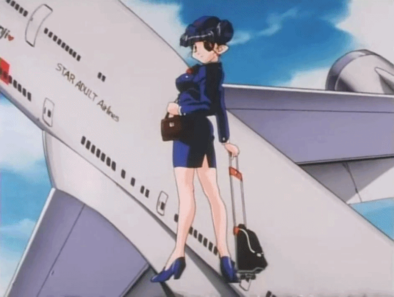 1girl aircraft airplane animated animated_gif bakuretsu_hunters black_hair cloud covering covering_one_eye daughter_(bakuretsu_hunters) earrings eyepatch female heels high_heels holding jet jewelry legs looking looking_at_viewer looking_back luggage pointy_ears purple_hair purse short_hair sky solo standing stewardess subtitled talking uniform yellow_eyes