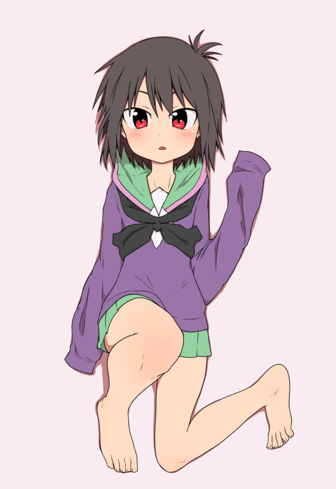 1girl a_channel barefoot black_hair black_neckwear blush cowlick expressionless feet from_above green_skirt grey_background ichii_tooru leg_up lying neckerchief on_back open_mouth parted_lips purple_sweater red_eyes salpin school_uniform serafuku short_hair simple_background skirt sleeves_past_wrists solo sweater tsurime