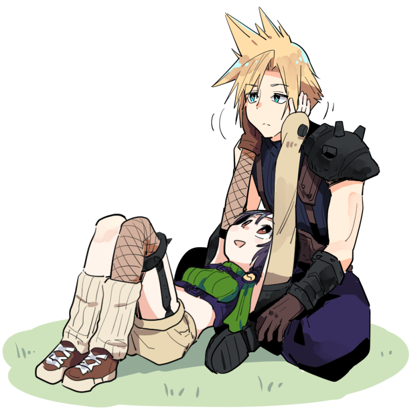 1boy 1girl :d black_hair blonde_hair blue_eyes breasts bright_pupils brown_eyes brown_footwear brown_gloves brown_shorts closed_mouth cloud_strife crop_top eyebrows_visible_through_hair final_fantasy final_fantasy_vii fishnet_legwear fishnets frown garter_straps gloves hands_on_another's_face loose_socks lying on_back open_mouth ribbed_legwear shoes shorts shoulder_pads single_glove single_thighhigh sitting small_breasts smile spiked_hair thighhighs tonmoh turtleneck white_background white_pupils yuffie_kisaragi