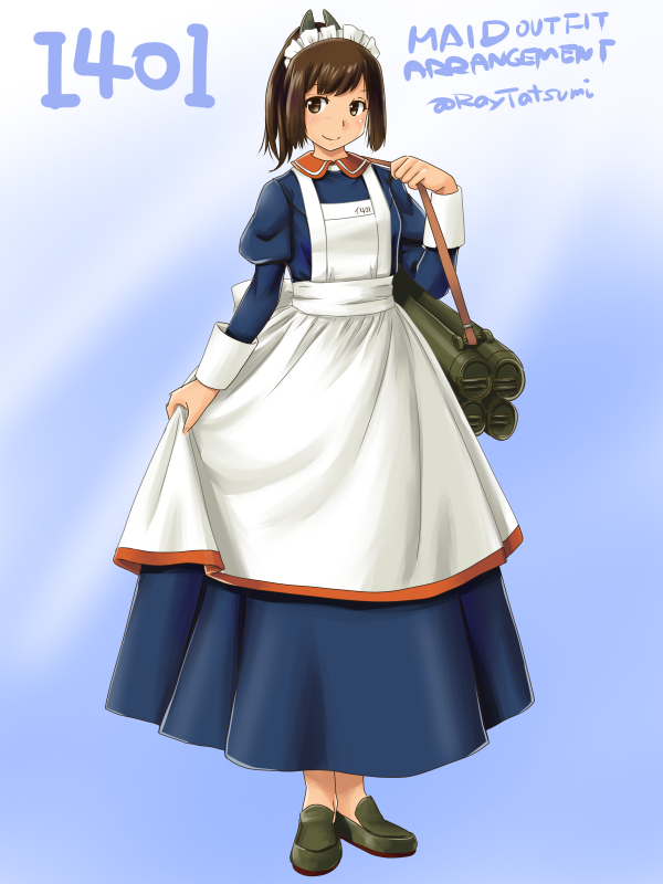 1girl adapted_costume alternate_costume apron blue_background blue_dress brown_eyes brown_footwear brown_hair character_name commentary_request dress enmaided full_body gradient gradient_background hair_ornament hairclip i-401_(kantai_collection) kantai_collection loafers maid maid_headdress ponytail shoes short_hair short_ponytail skirt_hold solo standing tan tatsumi_ray white_apron