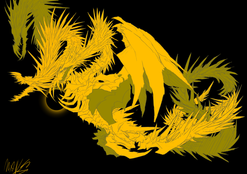 aura black_background black_hole_(space) claws dragon dragon_horns eldritch_abomination ghidorah_(godzilla:_the_planet_eater) giant giant_monster glowing godzilla:_planet_of_the_monsters godzilla:_the_planet_eater godzilla_(series) gold horns kaijuu king_ghidorah monster multiple_heads no_eyes no_humans open_mouth plaguebr scales sharp_teeth space tail teeth wings