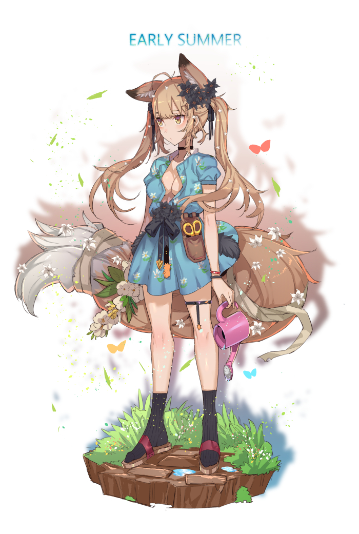 1girl animal_ears bangs black_bow black_choker black_legwear blue_dress blush bow breasts brown_eyes brown_footwear brown_hair choker cleavage closed_mouth collarbone commentary dress drop_shadow english_commentary english_text eyebrows_behind_hair floral_print flower fox_ears fox_girl full_body holding holding_watering_can long_hair looking_away medium_breasts original print_dress puffy_short_sleeves puffy_sleeves ribbed_legwear sandals short_dress short_sleeves socks solo tajima_ryuushi twintails water watering_can white_background white_flower