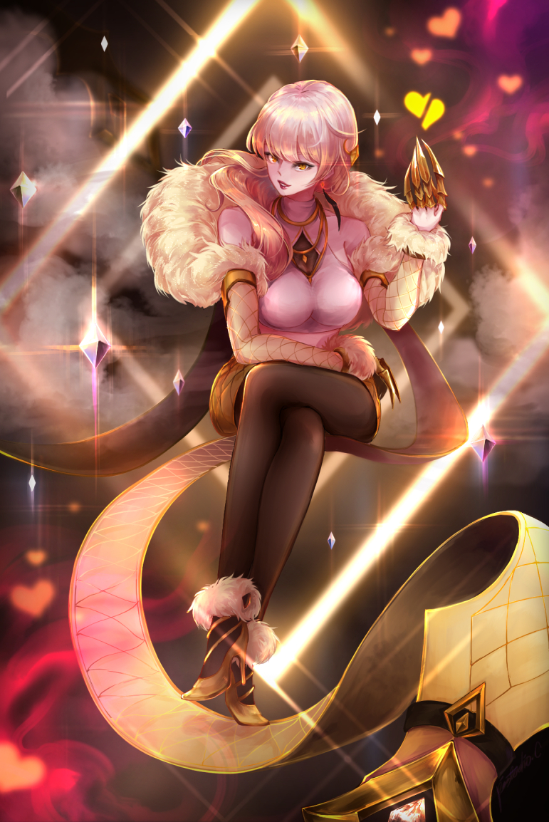 1girl abstract_background arm_rest arm_up arm_warmers armlet black_legwear blonde_hair breasts claws commentary crystal diffraction_spikes english_commentary fur-trimmed_sleeves fur_trim glint halter_top halterneck heart jewelry k/da_(league_of_legends) k/da_evelynn league_of_legends legs_crossed lips long_hair looking_at_viewer medium_breasts necklace orange_eyes pantyhose parted_lips pistachiocream red_lips shirt sitting sitting_on_object smile solo stole very_long_hair white_shirt