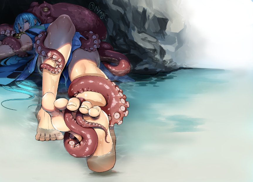 1boy aqua_hair barefoot cave chiyoganemaru cover cover_page doujin_cover japanese_clothes legs long_hair looking_at_viewer lying male_focus nyagi octopus on_back partially_submerged restrained solo_focus tentacle touken_ranbu water