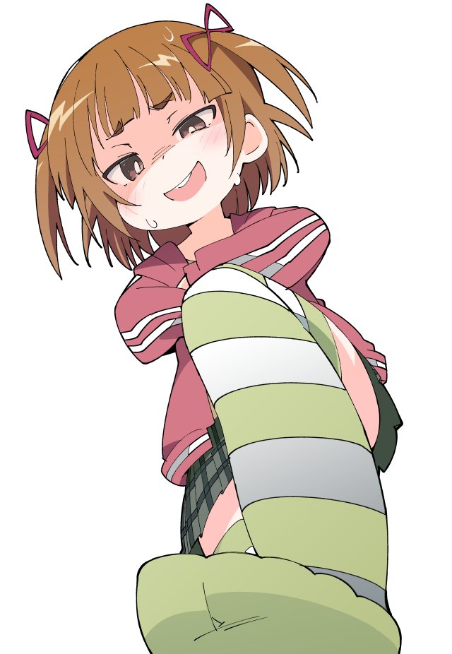 1girl bangs blunt_bangs blush brown_eyes brown_hair crossed_arms eyebrows_visible_through_hair feet green_skirt hair_ribbon ixy jacket looking_at_viewer marui_mitsuba mitsudomoe naughty_face open_mouth plaid plaid_skirt red_jacket red_ribbon ribbon short_hair short_twintails simple_background skirt smile solo striped striped_legwear teeth thighhighs twintails white_background