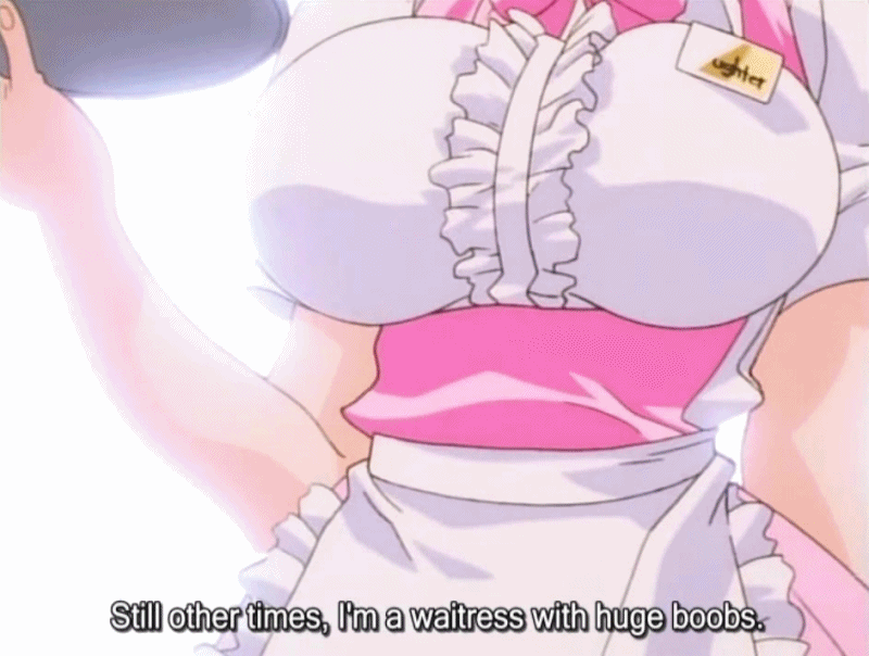 1girl 90s animated animated_gif bakuretsu_hunters black_hair bounce bouncing_breasts breasts daughter_(bakuretsu_hunters) drinking_straw earrings edited glass huge_breasts hypnotic ice ice_cube jewelry jiggle looking_at_viewer maid pointy_ears qvga screencap short_hair solo subtitled third-party_edit tray waitress yellow_eyes