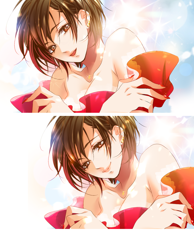 1girl bare_shoulders breasts brown_eyes brown_hair close-up earrings fingernails head_tilt jewelry karakoro looking_at_viewer medium_breasts meiko nail_polish necklace parted_lips red_nails shaded_face short_hair smile solo upper_body vocaloid