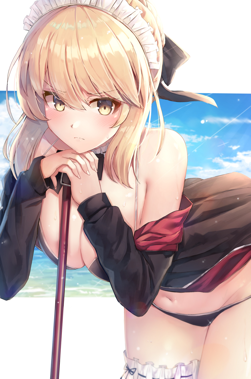 1girl apron artoria_pendragon_(all) artoria_pendragon_(swimsuit_rider_alter) bangs bare_shoulders beach bikini black_bikini black_ribbon blonde_hair blush braid breasts cleavage curvy day eyebrows_visible_through_hair fate/grand_order fate_(series) frills highres jacket leaning_forward leaning_on_object leg_garter looking_at_viewer maid_bikini maid_headdress medium_breasts mop motokonut navel off_shoulder open_clothes outdoors outside_border ribbon short_hair sidelocks solo swimsuit wet yellow_eyes