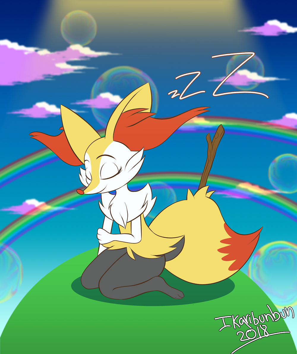 1girl animal_ear_fluff animal_ears artist_name blue_sky braixen bubble closed_mouth cloud creatures_(company) dated day double_rainbow eyes_closed female fox_ears fox_tail full_body furry game_freak gen_6_pokemon grass hand_up ikaribunbun kneeling nintendo no_humans outdoors paws pokemon pokemon_(creature) signature sitting sky smile solo stick tail zzz