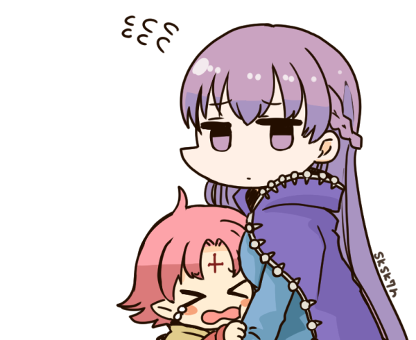 &gt;_&lt; 2girls artist_name blush_stickers cape crying fa facial_mark fire_emblem fire_emblem:_fuuin_no_tsurugi forehead_mark long_hair long_sleeves mamkute multiple_girls nintendo open_mouth pointy_ears purple_eyes purple_hair short_hair simple_background sksk7r sofiya white_background