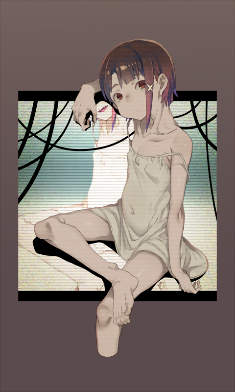 1girl arm_rest asymmetrical_hair bare_shoulders brown_background brown_eyes brown_hair cable collagen commentary dress dual_persona expressionless hair_ornament head_tilt iwakura_lain legs_crossed looking_at_viewer scan serial_experiments_lain short_hair sidelocks sitting smile solo strap_slip white_dress