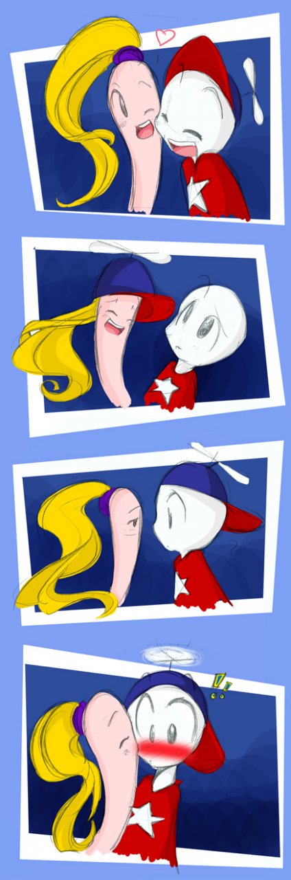 &lt;3 2006 black_eyes blush clothed clothing female hi_res homestar_runner homestar_runner_(character) kissing male marzipan_(homestar_runner) musachan not_furry