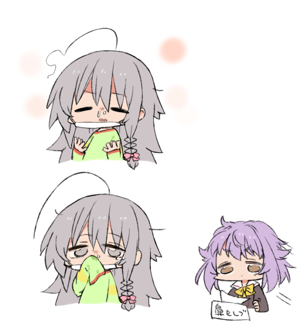 2girls ahoge bangs bow bowtie braid brown_eyes brown_shirt comic eyes_closed face_mask green_shirt grey_eyes grey_hair hair_bow hoshi_shouko idolmaster idolmaster_cinderella_girls koshimizu_sachiko lavender_hair long_hair long_sleeves mask mask_pull moru_(monaka) multiple_girls no_nose running runny_nose sailor_collar school_uniform shirt short_hair silent_comic single_braid surgical_mask sweatdrop t-shirt tissue tissue_box upper_body white_background wiping_nose yellow_neckwear