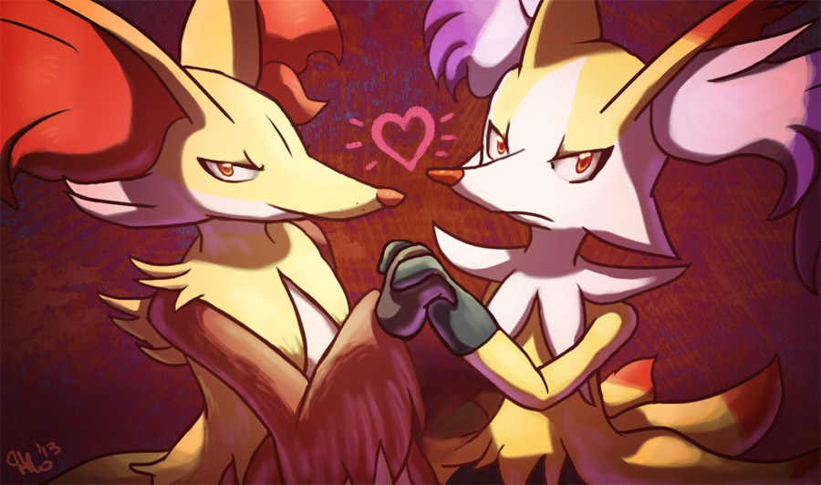 &lt;3 anthro braixen chest_tuft delphox dipstick_tail duo fluffy fluffy_tail hand_holding inner_ear_fluff looking_at_viewer mignonette multicolored_tail nintendo pok&eacute;mon pok&eacute;mon_(species) tuft video_games