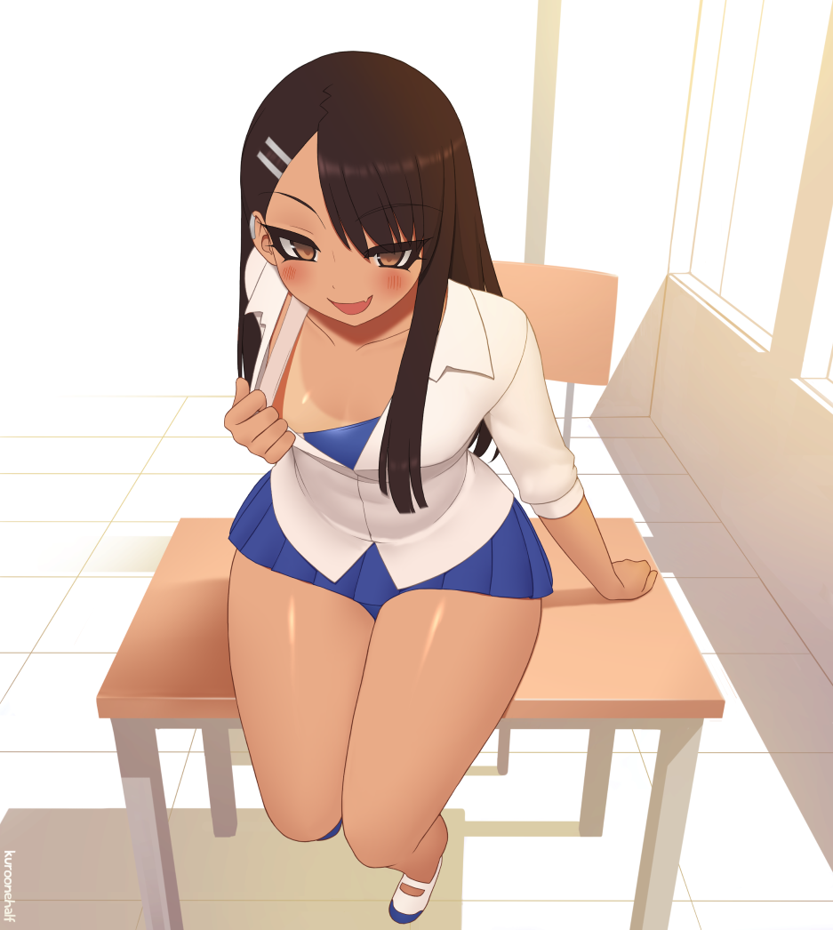 1girl black_hair blush breasts brown_eyes classroom cleavage_reach commentary_request dark_skin desk ear_piercing fang hair_ornament hairclip ijiranaide_nagatoro-san kuroonehalf leaning_forward legs long_hair looking_at_viewer nagatoro naughty_face on_desk one-piece_tan piercing school_desk school_swimsuit school_uniform shiny shiny_skin shirt sitting sitting_on_desk small_breasts solo swimsuit swimsuit_under_clothes tan tanline thighs white_shirt