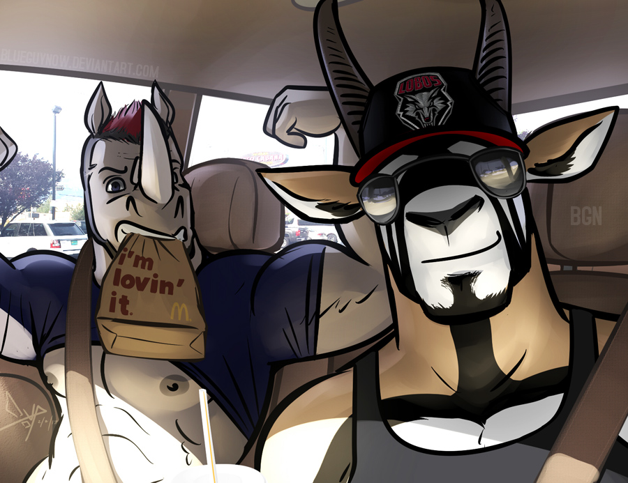 antelope beard bgn bovid car eyewear facial_hair flexing grazing_antelope hat horn isaiah jamie_the_oryx male mammal mcdonald's muscular nipples oryx photo_background rhinocerotoid smile sunglasses vehicle