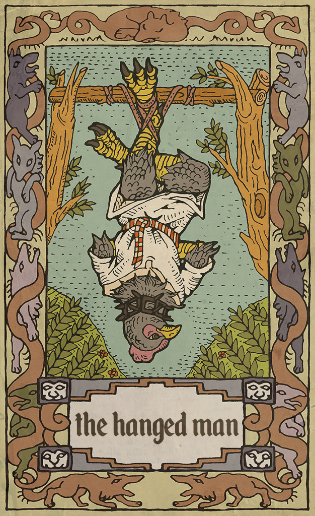 anthro avian bird border card chicken claws clothed clothing feathers fortune_telling hanging_(disambiguation) musorok outside sky tarot tarot_card text upside_down