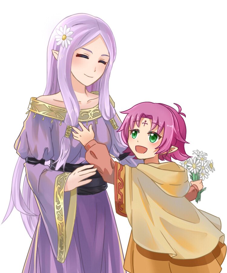 2girls closed_mouth dress eyes_closed fa facial_mark fire_emblem fire_emblem:_fuuin_no_tsurugi flower forehead_mark green_eyes hair_flower hair_ornament hraaat idoun long_hair long_sleeves mamkute multiple_girls nintendo open_mouth pointy_ears purple_dress purple_hair short_hair sidelocks simple_background smile strapless strapless_dress white_background wide_sleeves