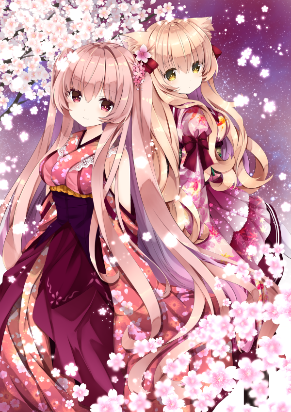 2girls animal_ear_fluff animal_ears bare_shoulders bow breasts brown_hair cat_ears closed_mouth commentary_request floral_print flower hair_bow hair_flower hair_ornament japanese_clothes juliet_sleeves kimono large_breasts light_brown_hair long_hair long_sleeves looking_at_viewer looking_back multiple_girls nanase_kureha nanase_nao original print_kimono puffy_sleeves purple_skirt red_bow red_kimono shoulder_cutout skirt sleeves_past_fingers sleeves_past_wrists smile two_side_up very_long_hair white_flower wide_sleeves