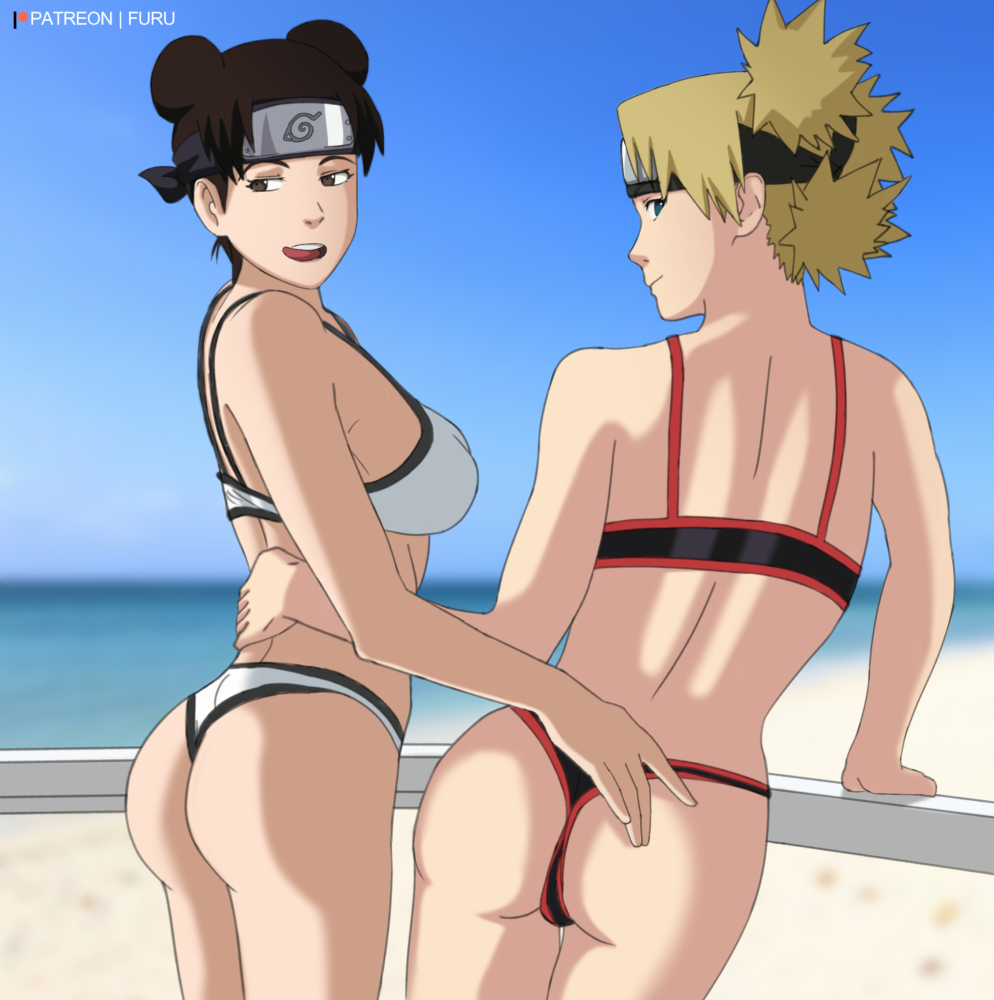 2girls ass black_bra blonde_hair bra breasts brown_eyes brown_hair female furutaka furutaka_(artist) green_eyes multiple_girls naruto naruto_(series) naruto_shippuden short_hair swimsuit temari tenten underwear white_bra