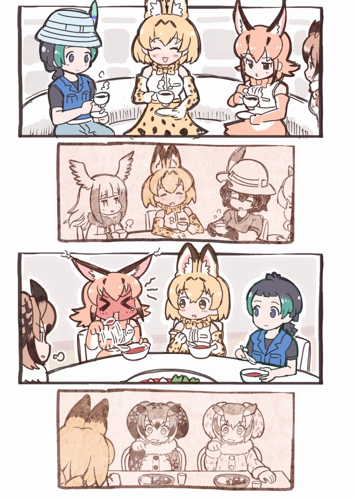 &gt;_&lt; 6+girls :d ^_^ alpaca_suri_(kemono_friends) animal_ear_fluff animal_ears black_hair blonde_hair blush bowl brown_hair caracal_(kemono_friends) caracal_ears closed_eyes comic commentary_request cup eating eurasian_eagle_owl_(kemono_friends) extra_ears eyes_closed food full-face_blush green_hair hat hat_feather head_wings japanese_crested_ibis_(kemono_friends) kaban_(kemono_friends) kemono_friends kyururu_(kemono_friends) memory multicolored_hair multiple_girls northern_white-faced_owl_(kemono_friends) open_mouth orange_hair sepia serval_(kemono_friends) serval_ears short_hair silent_comic smile spoon tanaka_kusao tea teacup