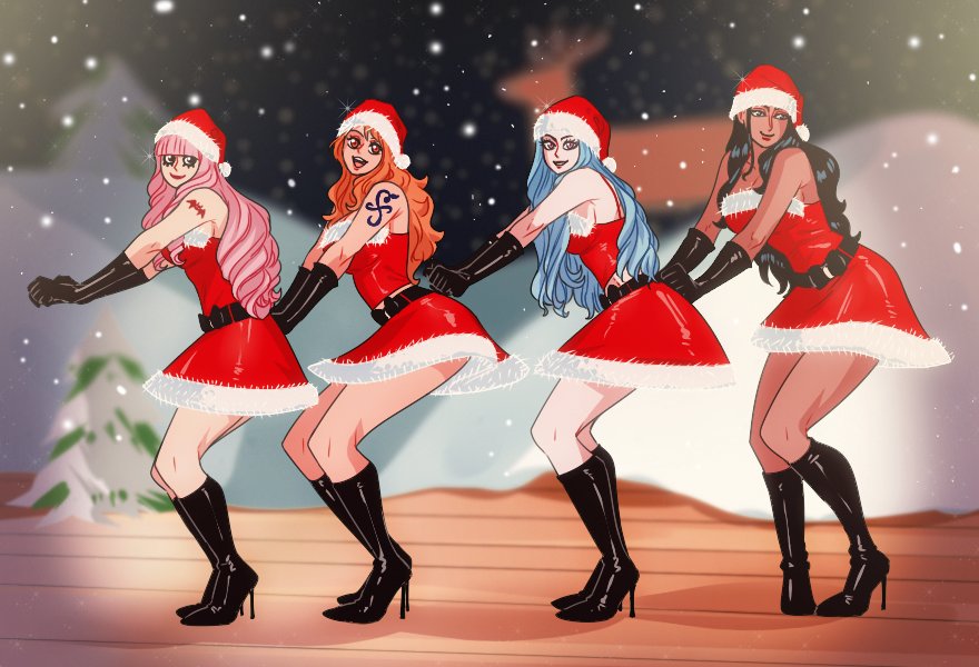 alternative_color alternative_skin_color black_gloves black_hair black_handwear blue_hair boots christmas christmas_dress christmas_outfit costume dancing female gloves happy hat height_difference high_heel_boots high_heels knee_boots long_hair mean_girls_(movie) millorart multiple_girls nami_(one_piece) nefertari_vivi nico_robin one_piece orange_hair parody perona pink_hair santa_hat smile tattoo