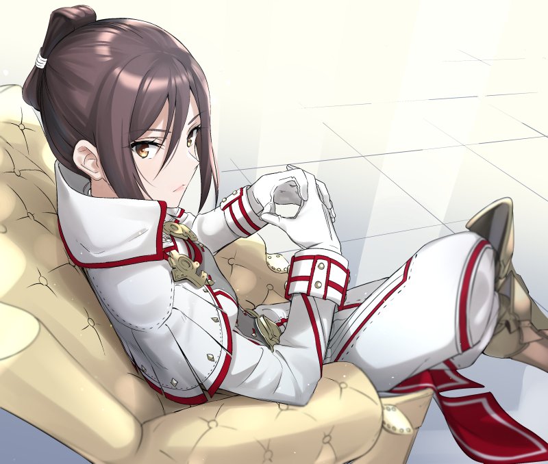 1girl chair collarbone gloves long_hair looking_at_viewer meleph_(xenoblade) military military_uniform niameresp nintendo pauldrons reverse_trap short_hair simple_background sitting solo uniform xenoblade_(series) xenoblade_2