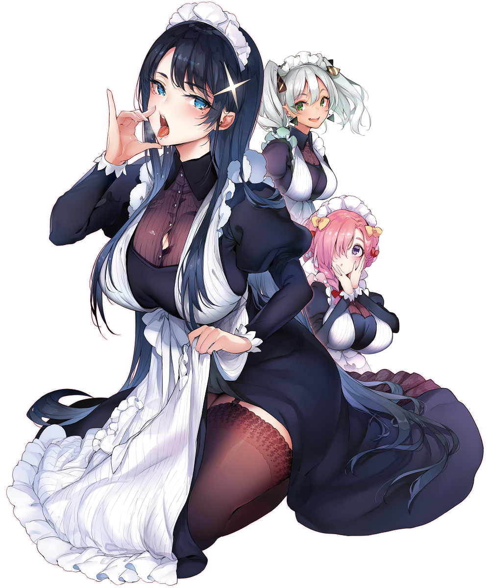 3girls bangs blue_eyes blue_hair blush bow braid breasts buttons cleavage dark_blue_hair dress dress_lift earrings eyebrows_visible_through_hair fang frills gradient gradient_hair green_eyes green_hair hair_over_one_eye hands_on_own_face highres jewelry large_breasts light_green_hair long_hair maid maid_headdress medium_hair mole mole_under_eye multicolored_hair multiple_girls open_mouth original pink_hair purple_eyes pyon-kichi red_bow saliva sexually_suggestive short_hair simple_background sitting smile thighhighs tongue tongue_out white_background yellow_bow