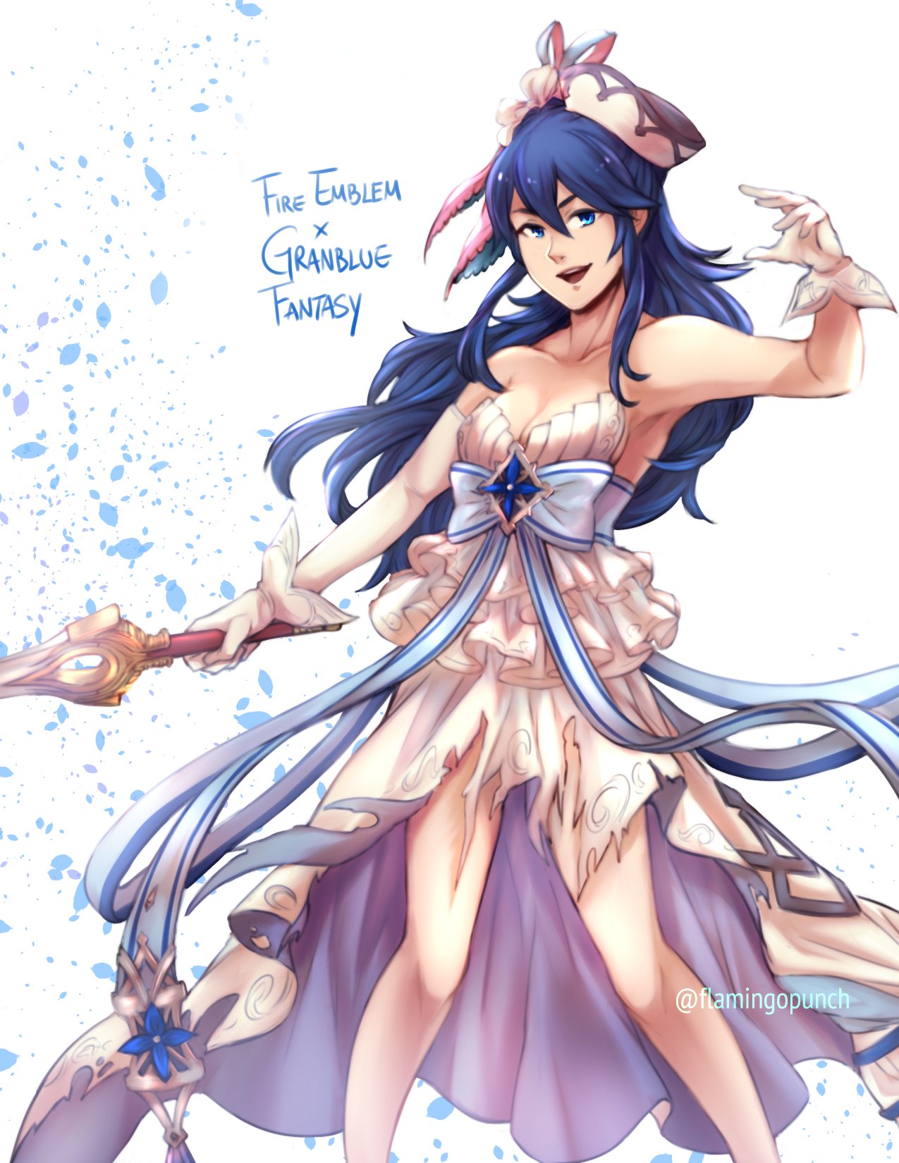 1girl animal_ears blue_eyes blue_hair breasts cleavage cosplay dress fire_emblem fire_emblem:_kakusei flamingo_(eme324) gloves granblue_fantasy hat highres long_hair looking_at_viewer lucina nintendo open_mouth seiyuu_connection simple_background smile solo sword therese_(granblue_fantasy) tiara weapon