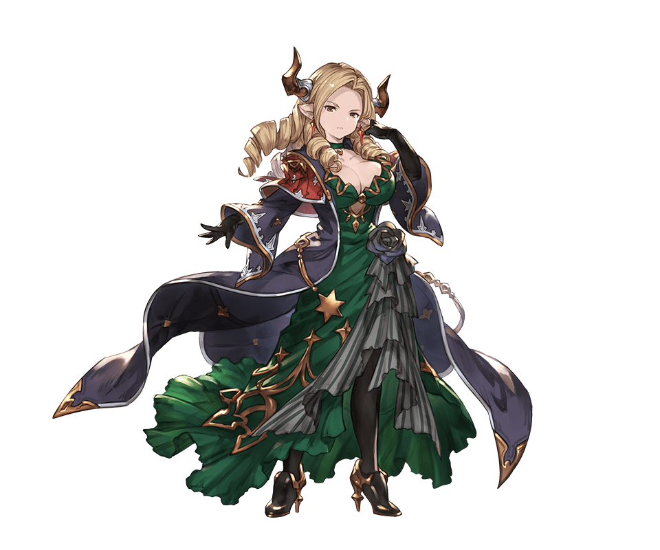 1girl bangs black_gloves blonde_hair breasts brown_eyes choker cleavage closed_mouth draph dress drill_hair earrings elbow_gloves full_body gloves granblue_fantasy green_dress hand_up high_heels horns jewelry large_breasts long_coat long_hair long_sleeves looking_at_viewer minaba_hideo official_art pantyhose parted_bangs pointy_ears serious shiny shiny_hair solo standing teresa_(granblue_fantasy) transparent_background wide_sleeves