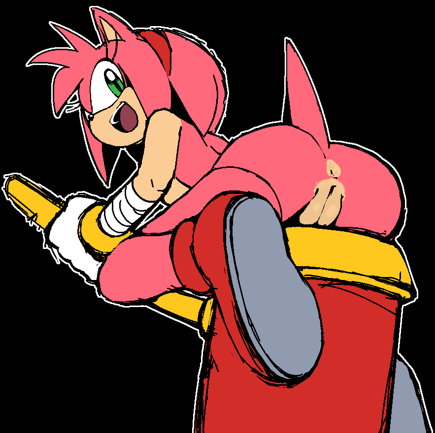 amy_rose anthro anus bent_over black_background breasts butt edit eulipotyphlan female hammer hedgehog is_(artist) looking_at_viewer looking_back mammal melee_weapon mostly_nude open_mouth piko_piko_hammer presenting pussy rear_view side_boob simple_background solo sonic_(series) sonic_boom teeth tongue tools weapon