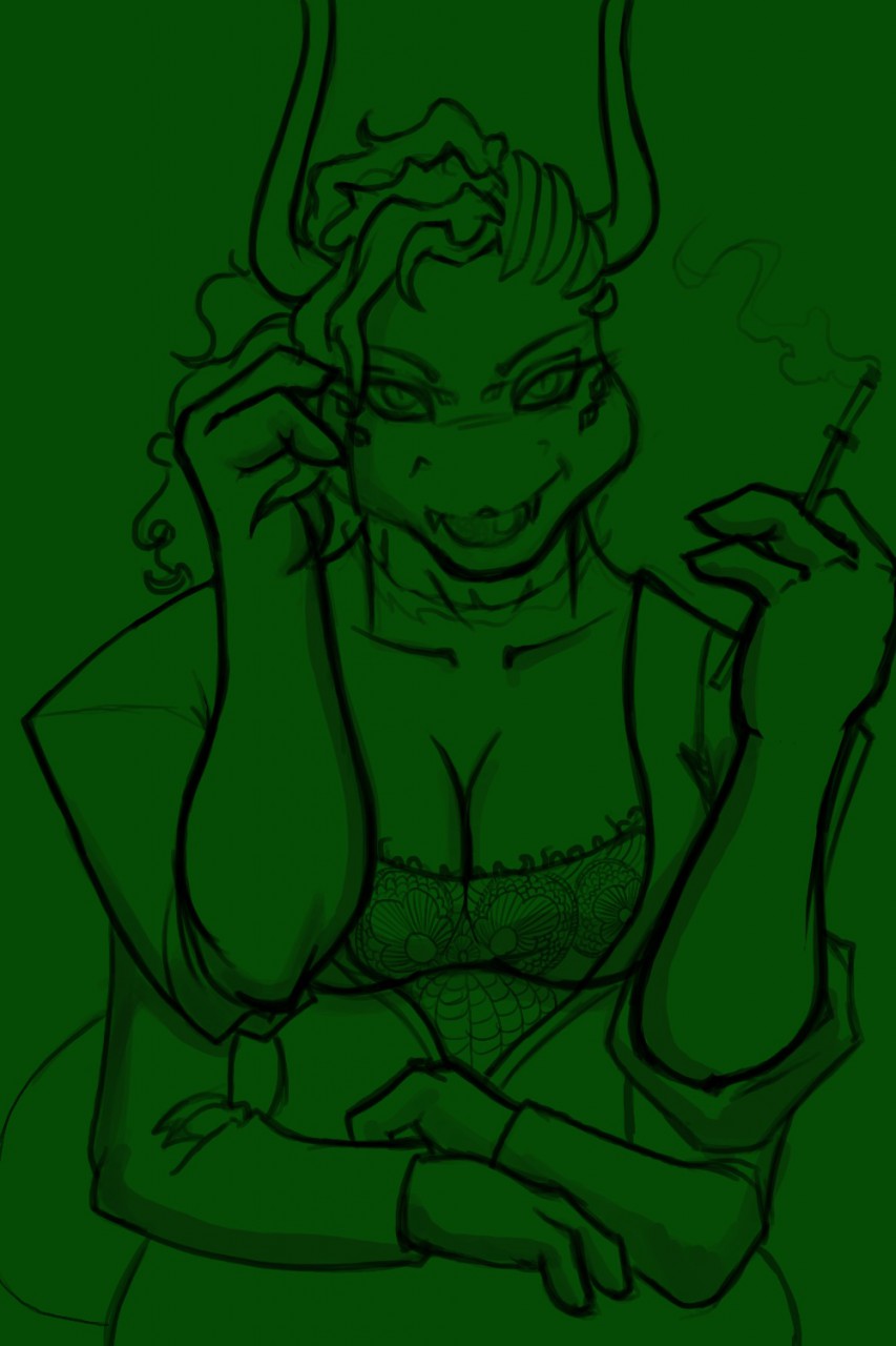 2019 3_fingers 4_arms abdomen anthro arachnid arthropod big_breasts biped breasts business_suit cigarette cigarette_holder cleavage clothed clothing collarbone crossed_arms curvaceous curved_horn digital_drawing_(artwork) digital_media_(artwork) dragon eyebrows eyelashes eyeshadow fangs female front_view green_and_white green_background hair half-length_portrait hi_res holding_hair holding_object hooded_tickspider horn hybrid lace lingerie lips looking_at_viewer madeleine_(mikalxaiver) makeup mature_female midriff mikalxaiver monochrome multi_arm multi_eye multi_limb non-mammal_breasts portrait scar shadow shirt simple_background slit_pupils small_waist smile smoking solo standing suit tank_top tentigo thick_bottom_lip undercut