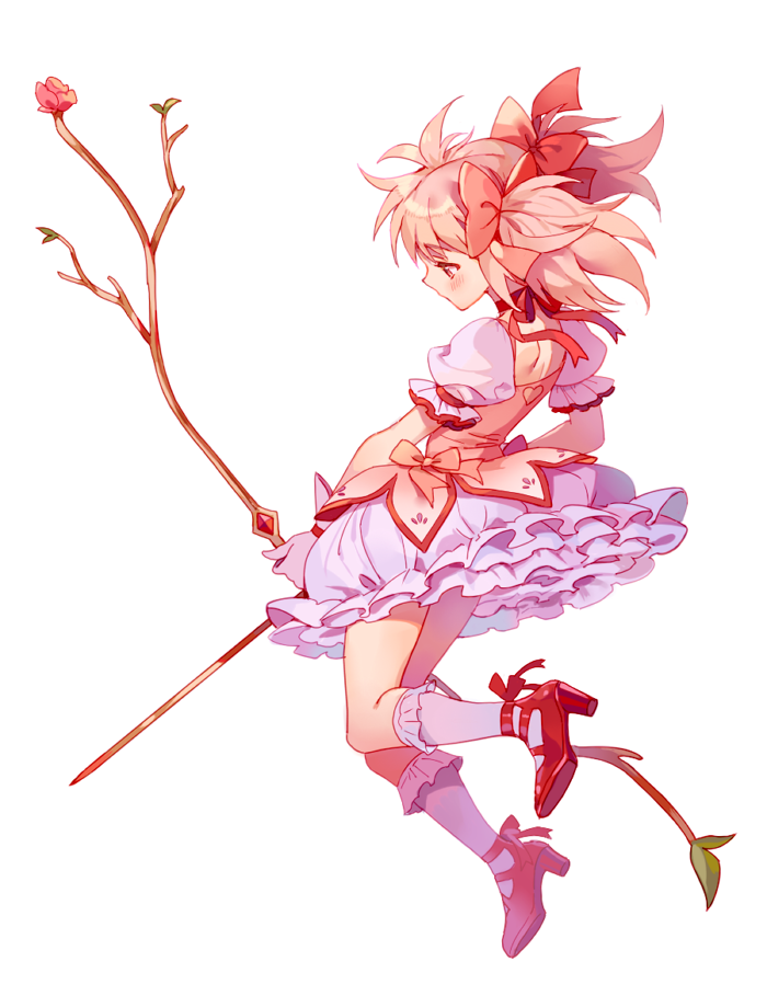 1girl bow bow_(weapon) bubble_skirt choker commentary_request dress frilled_skirt frills full_body gloves hair_bow high_heels holding holding_bow_(weapon) holding_weapon inzup kaname_madoka kneehighs korean_commentary magical_girl mahou_shoujo_madoka_magica pink_dress pink_eyes pink_hair profile puffy_short_sleeves puffy_sleeves red_bow red_footwear red_ribbon ribbon short_hair short_sleeves short_twintails simple_background skirt solo twintails weapon white_background white_gloves white_legwear white_skirt
