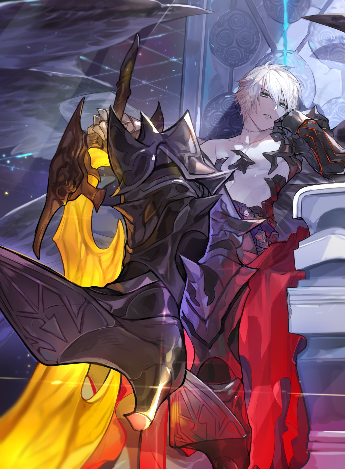 1boy black_footwear blue_eyes gauntlets granblue_fantasy hair_between_eyes high_heels highres holding holding_sword holding_weapon legs_crossed looking_at_viewer lucilius_(granblue_fantasy) male_focus open_mouth picube525528 short_hair shoulder_armor silver_hair sword throne weapon white_hair