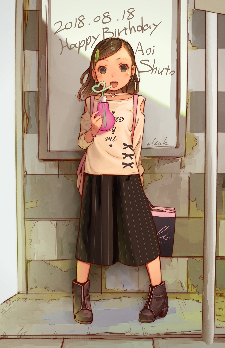 1girl 2018 bag beige_shirt black_footwear black_skirt blush_stickers boots brown_eyes brown_hair character_name choker clothes_writing dated drinking drinking_straw full_body hair_ornament hairclip happy_birthday highres idolmaster idolmaster_cinderella_girls kagamine-ikka long_sleeves looking_at_viewer open_mouth short_hair shutou_aoi skirt solo standing striped teeth vertical-striped_skirt vertical_stripes
