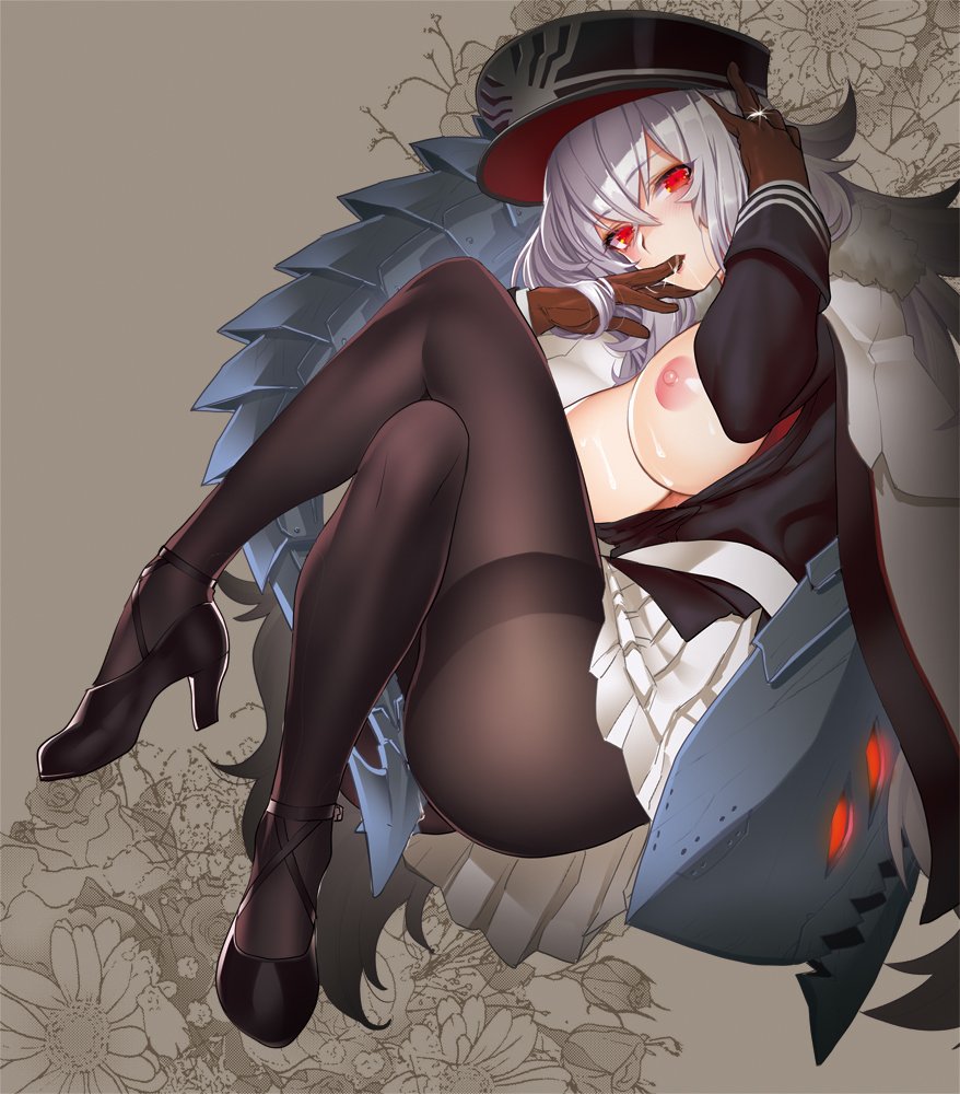 1girl azur_lane black_legwear breasts breasts_outside brown_gloves eyebrows_visible_through_hair finger_sucking full_body fur_trim glint gloves good_meat_day graf_zeppelin_(azur_lane) hat high_heels jacket_on_shoulders jewelry large_breasts legs_crossed long_hair long_sleeves military_hat musha_sabu nipples pantyhose pleated_skirt red_eyes ring saliva silver_hair skirt solo thighband_pantyhose very_long_hair wedding_ring