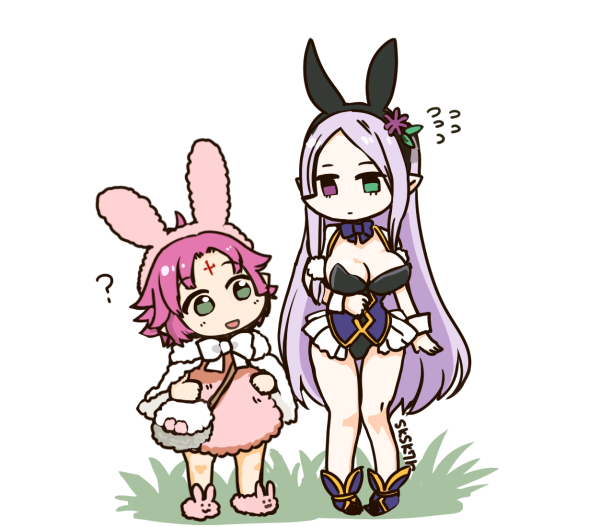 2girls alternate_costume animal_ears artist_name breasts bunny_ears cape cleavage closed_mouth fa facial_mark fake_animal_ears fire_emblem fire_emblem:_fuuin_no_tsurugi fire_emblem_heroes forehead_mark grass green_eyes heterochromia idoun large_breasts leotard long_hair mamkute multiple_girls nintendo open_mouth pointy_ears purple_eyes purple_hair short_hair simple_background sksk7r standing white_background