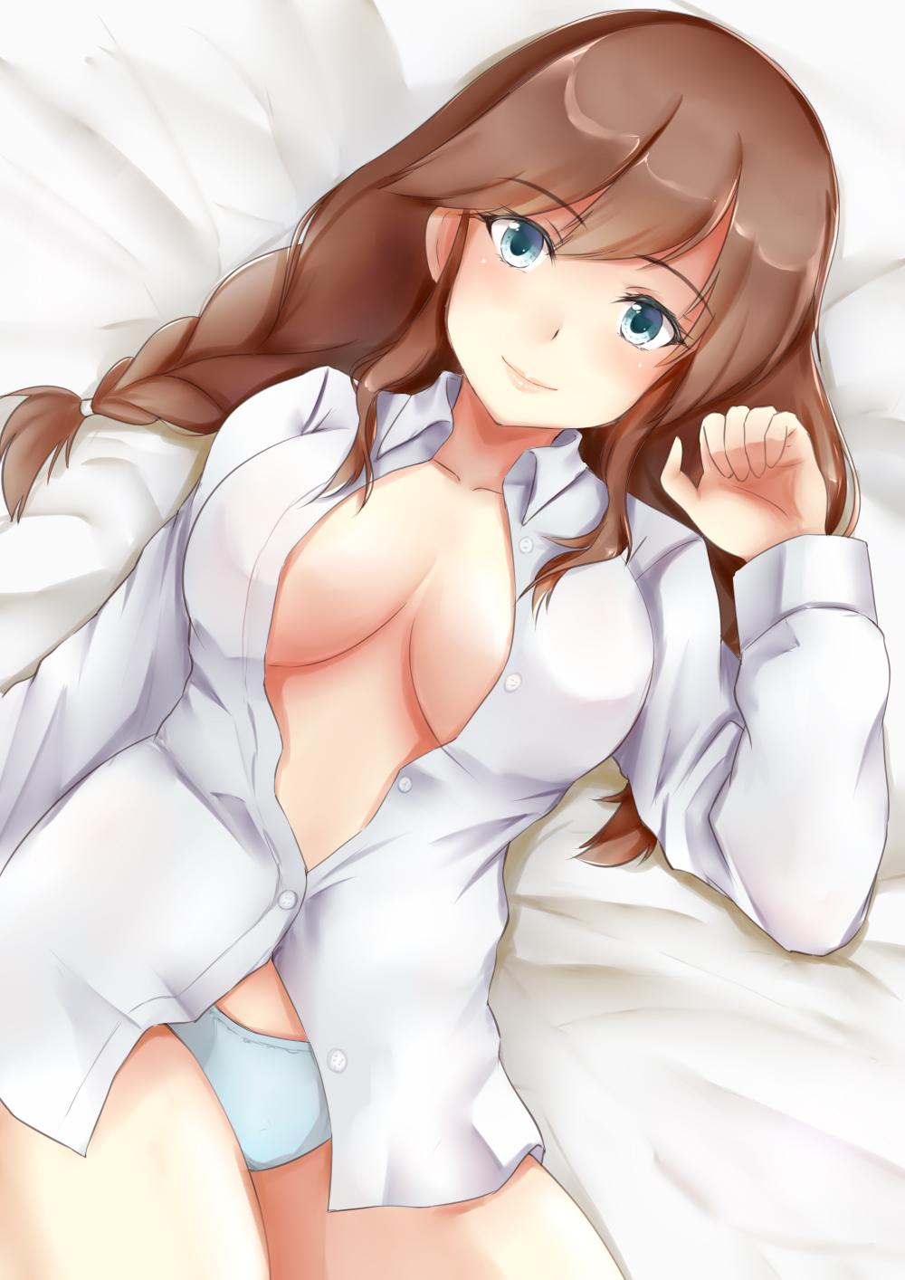 1girl blanket blue_eyes blue_panties blush bottomless braid breasts brown_hair cleavage collarbone dress_shirt eyebrows_visible_through_hair from_above hair_between_eyes highres indoors kantai_collection koru_pera large_breasts lingerie lips long_hair looking_at_viewer lying naked_shirt navel no_bra noshiro_(kantai_collection) on_back on_bed open_clothes open_shirt panties shirt smile solo twin_braids underwear white_shirt
