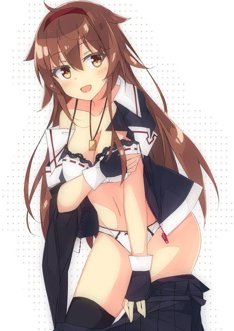 1girl :d beritabo black_gloves black_shirt black_skirt blush bow bow_bra bow_panties bra breasts brown_eyes brown_hair cleavage collarbone fingerless_gloves gloves hair_flaps hairband kantai_collection long_hair looking_at_viewer medium_breasts navel open_clothes open_mouth open_shirt panties pleated_skirt puffy_short_sleeves puffy_sleeves red_hairband remodel_(kantai_collection) ribbon-trimmed_bra ribbon-trimmed_panties sailor_collar shiratsuyu_(kantai_collection) shirt short_sleeves skirt skirt_pull smile solo underwear very_long_hair whistle whistle_around_neck white_background white_bra white_panties white_sailor_collar