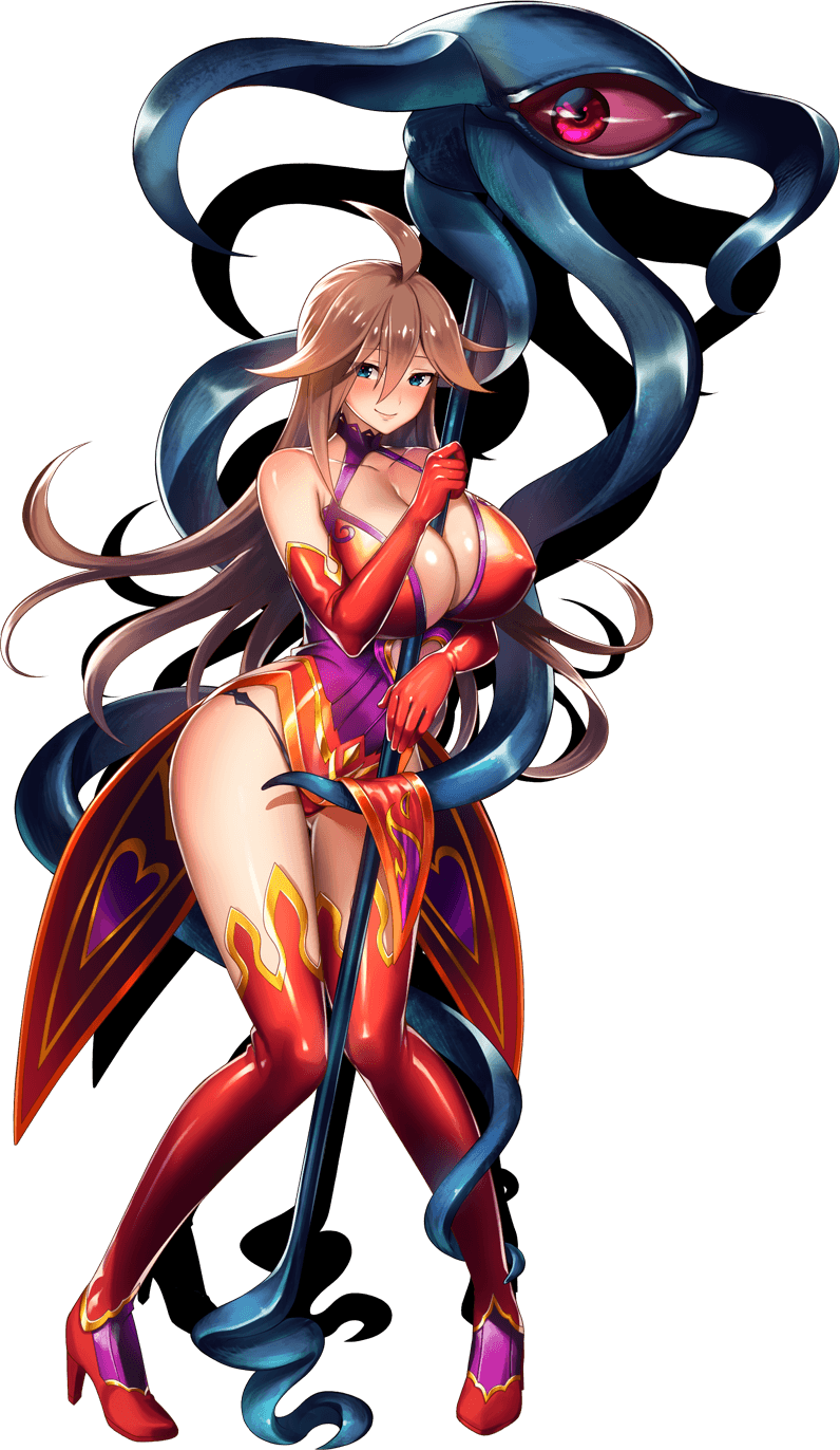 1girl ahoge bare_shoulders blue_eyes breasts brown_hair cleavage elbow_gloves full_body funikura gloves hair_between_eyes high_heels highres holding holding_weapon long_hair nyx queen's_blade queen's_blade_unlimited red_gloves red_legwear smile solo staff standing tentacle thighhighs weapon