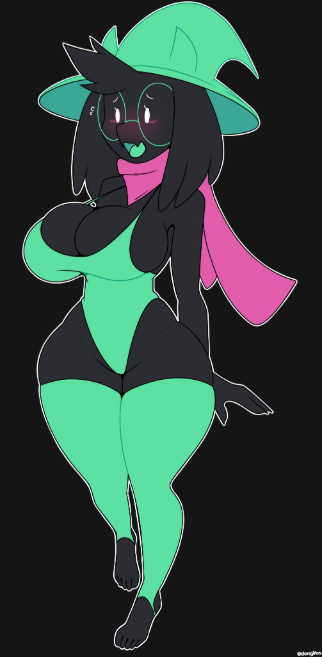 2019 anthro big_breasts black_background black_fur blush bovid breasts caprine clothing crossgender deltarune dongitos eyewear female fur glasses goat hat horn long_ear mammal open_mouth ralsei scarf simple_background swimsuit thick_thighs video_games