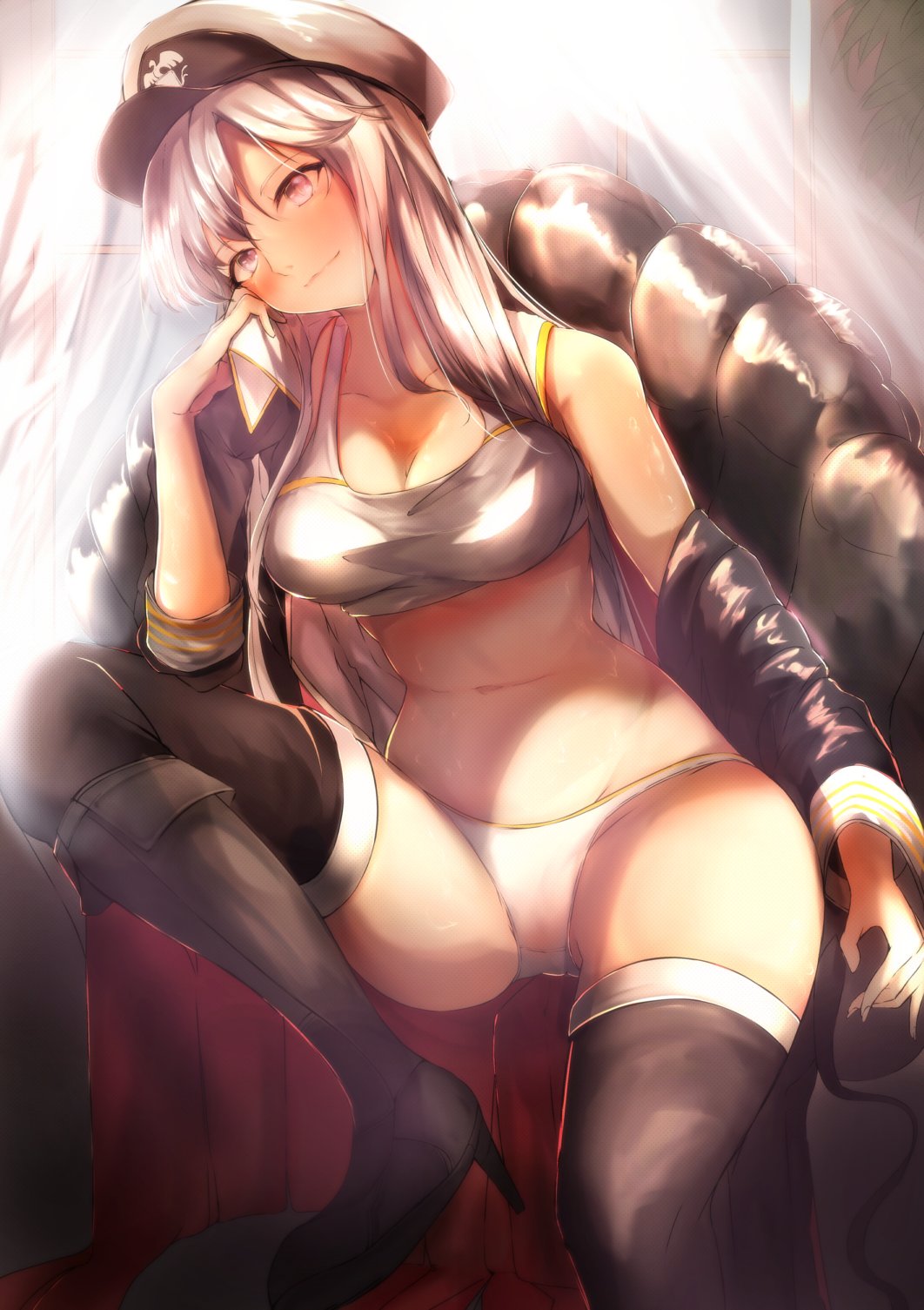 1girl azur_lane bare_shoulders black_coat blurry blurry_background boots chair coat coat_removed commentary_request enterprise_(azur_lane) hat high_heel_boots high_heels highres midriff navel otsunabe_(naabe_delta) panties peaked_cap purple_eyes silver_hair sitting smile solo tank_top thighhighs thighs underwear white_hat