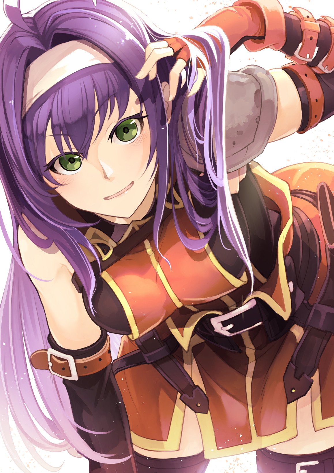 1girl belt blue_hair detached_sleeves fingerless_gloves fire_emblem fire_emblem:_souen_no_kiseki fire_emblem_heroes gloves green_eyes hair_ornament hairband headband highres nakabayashi_zun navel_cutout nintendo solo wayu_(fire_emblem) white_hairband white_headband