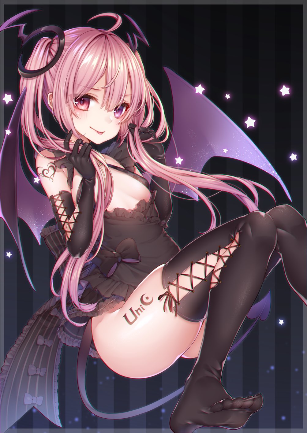 1girl ahoge apron back_bow bangs bat_wings black_apron black_bow blush borrowed_character bow breasts criss-cross_halter cross-laced_gloves cross-laced_legwear demon_tail elbow_gloves frilled_apron frilled_bow frills full_body gloves halterneck heart heterochromia highres holding holding_hair looking_at_viewer maid_apron phantasy_star phantasy_star_online_2 pink_hair purple_eyes red_eyes ripu_(sherypton) sidelocks small_breasts smile solo tail thigh_tattoo thighhighs tongue tongue_out twintails wings