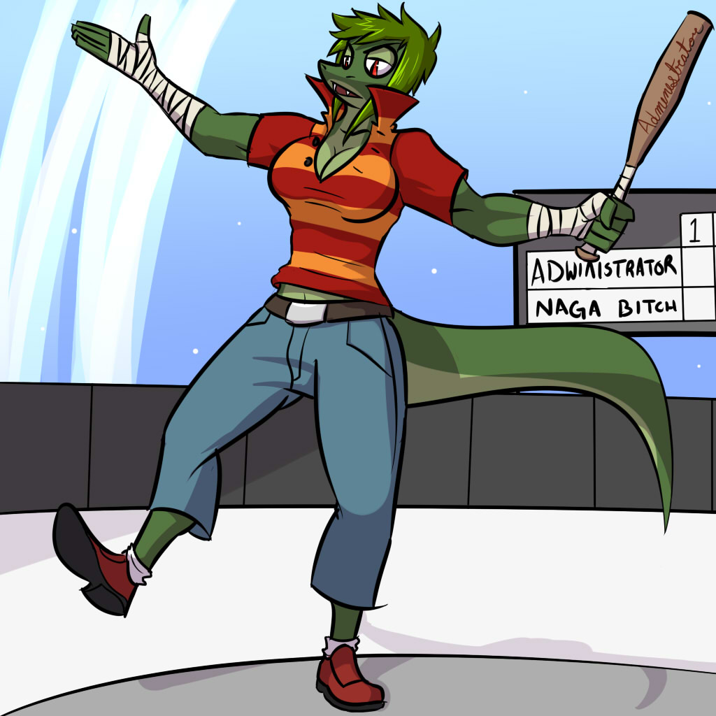 2012 anthro arm_wraps athletic avoid_posting baseball_bat bat_(object) biped breasts clothed clothing digital_media_(artwork) fangs female ficus footwear frown full-length_portrait hair jeans long_tail outside pants portrait red_eyes reptile scalie sevener_(unse) shirt shoes snake solo stadium t-shirt tgchan wraps