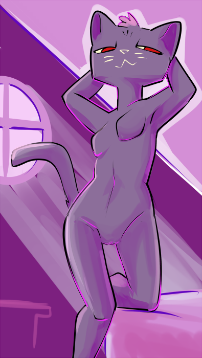 anthro bedroom_eyes breasts domestic_cat featureless_breasts felid feline felis front_view fur half-closed_eyes hands_behind_head inside looking_down mae_(nitw) mammal night_in_the_woods nontoxo nude on_one_leg pinup portrait pose purple_fur pussy red_eyes seductive smile solo squint standing three-quarter_portrait video_games
